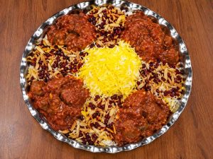 Qazvin-style Gheymeh Nesar with almonds and barberries
