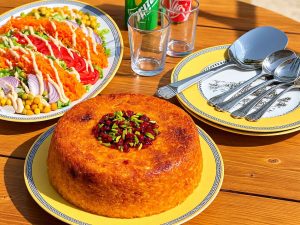 Persian Tahchin with chicken and saffron