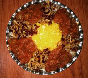 gheymeh nesar with barberry and almonds