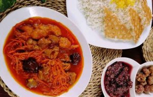 Khoresh Havij with Rice and Pickles for Lunch