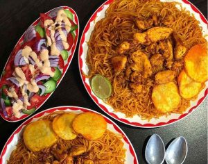 Food macaroni for lunch and seasonal salad