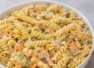Cooked pasta prepared for a creamy pasta salad