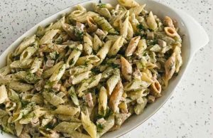 Homemade pasta salad with chicken and vegetables