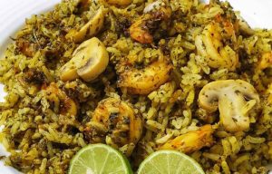 Meygoo Polo Shrimp pilaf with mushrooms and fresh lemon