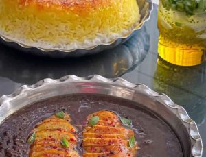 Fesenjan Stew with Rice and Fried Fillet
