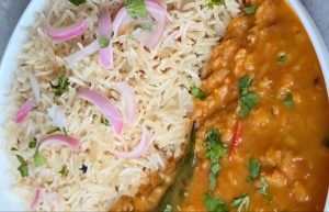 Zeera rice with authentic Indian stew