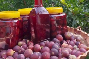 Homemade fig syrup and jam with black figs
