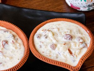 Delicious kheer recipe topped with nuts and saffron