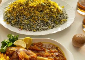 Persian rice with crispy golden tahdig and saffron