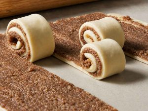 Cinnamon sugar filling spread over homemade cinnamon roll dough