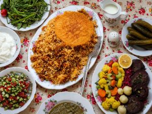 Traditional Gheymeh Polo with tender lamb and dried Persian lime