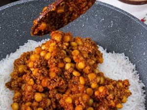 Authentic Persian Gheymeh Polo with basmati rice and crispy tahdig