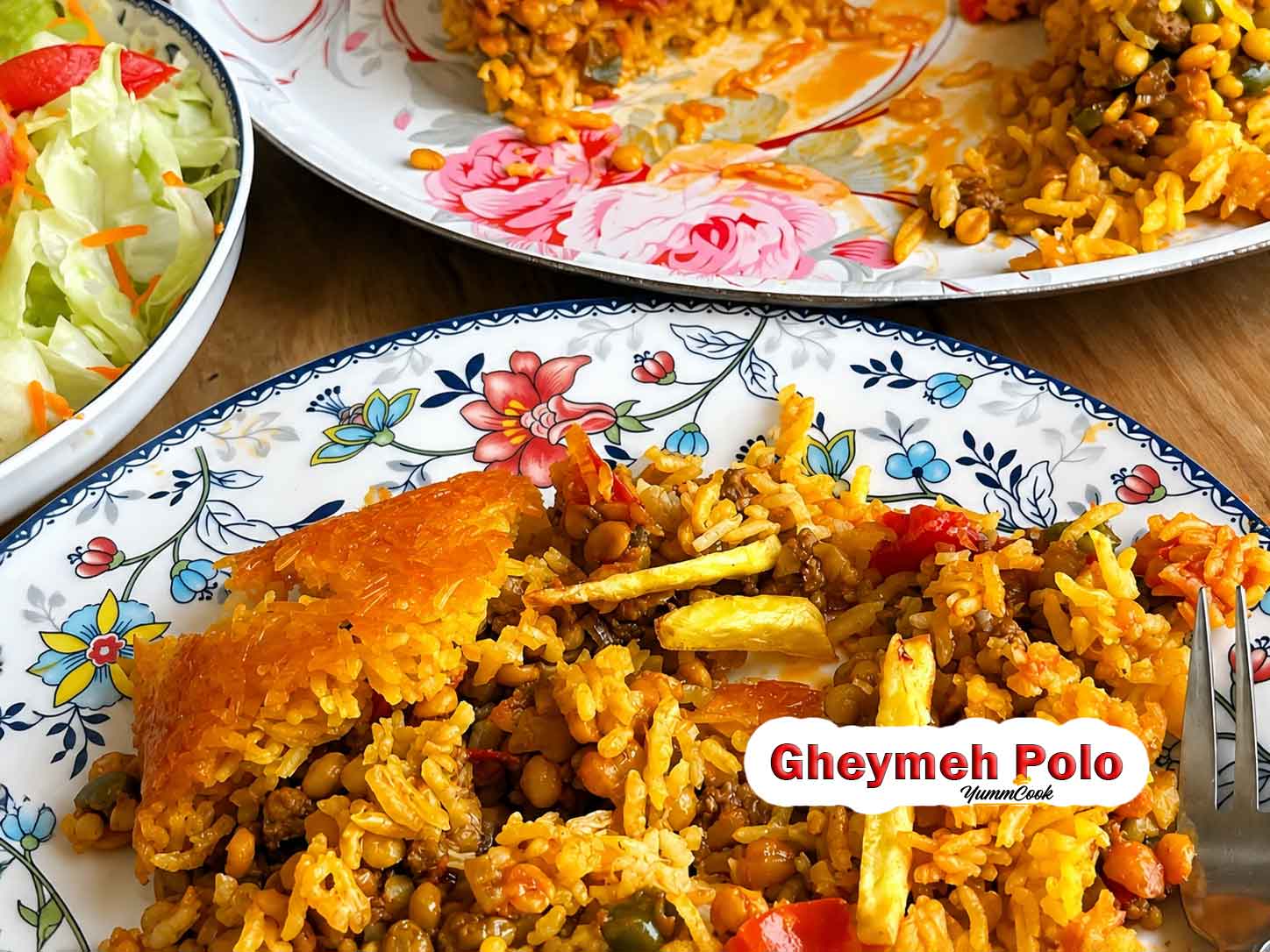Persian Gheymeh Polo with beef, yellow split peas, and saffron rice