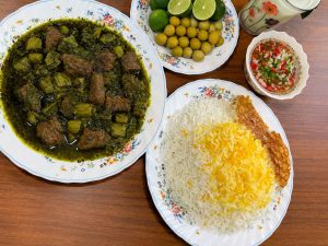 Khoresh Karafs recipe served with Persian rice