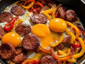 Sliced Turkish sucuk sausage cooking before adding eggs for sucuklu yumurta