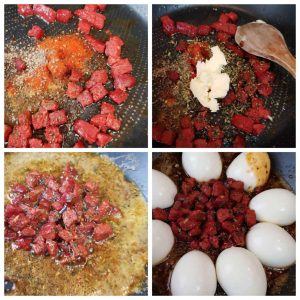 Step-by-step preparation of Turkish eggs with spicy sucuk sausage