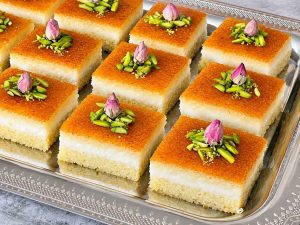 Homemade Basbousa cake with golden almonds
