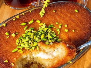 Soft Basbousa cake soaked in syrup
