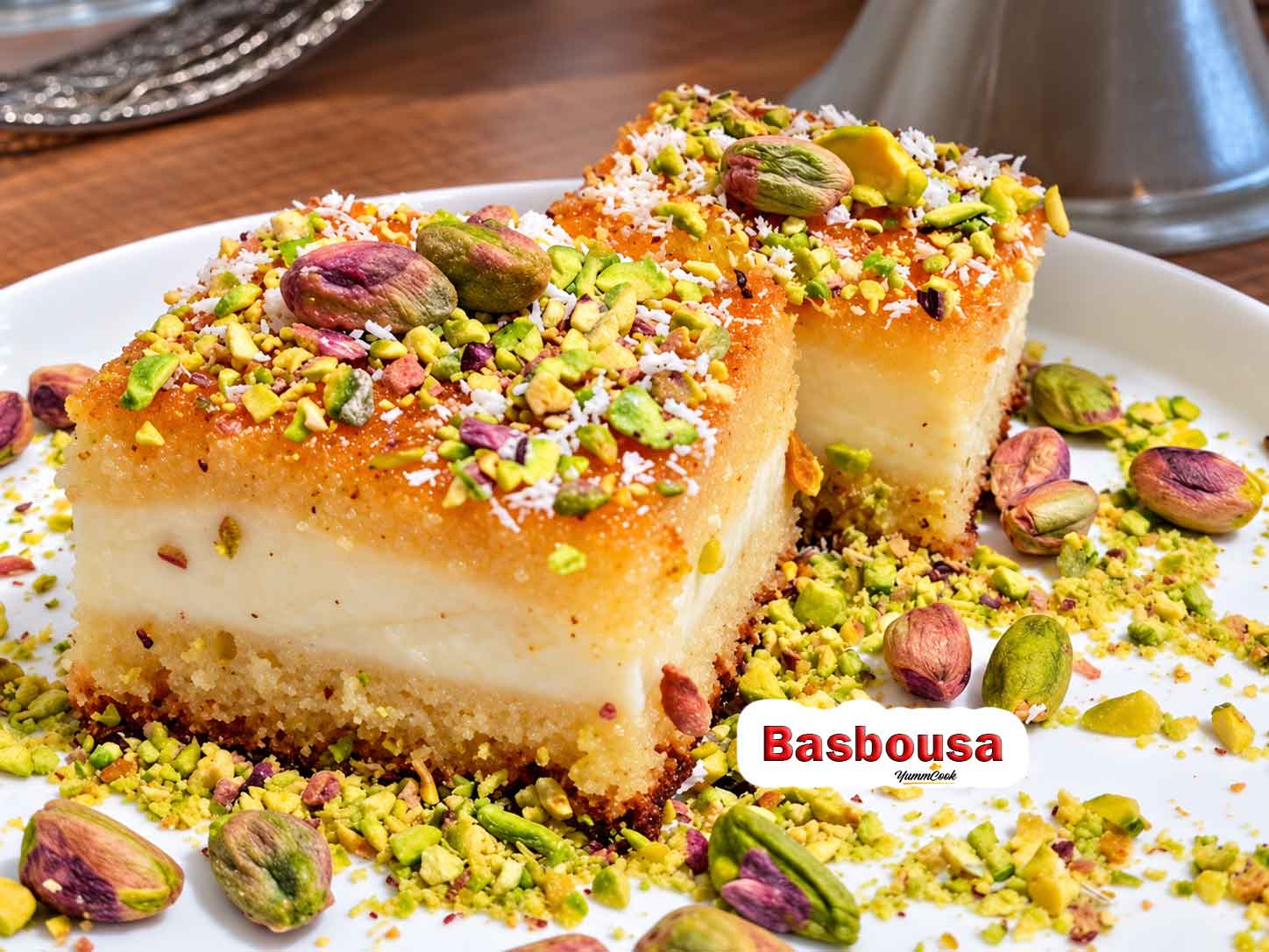 Traditional Basbousa semolina cake ready to serve