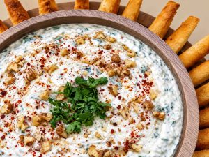 Homemade eggplant dip in a serving bowl