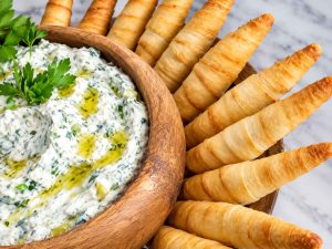 Persian eggplant dip served with pita bread