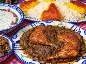 Morgh-e Torsh served with Persian rice