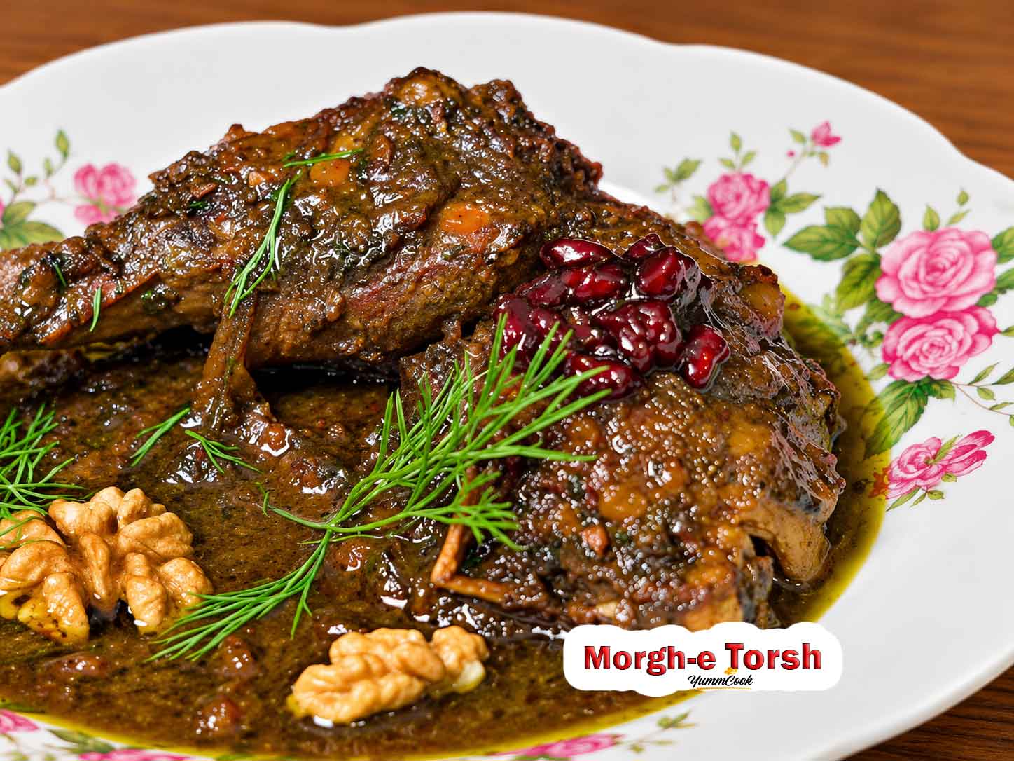 Homemade Morgh-e Torsh with pomegranate sauce